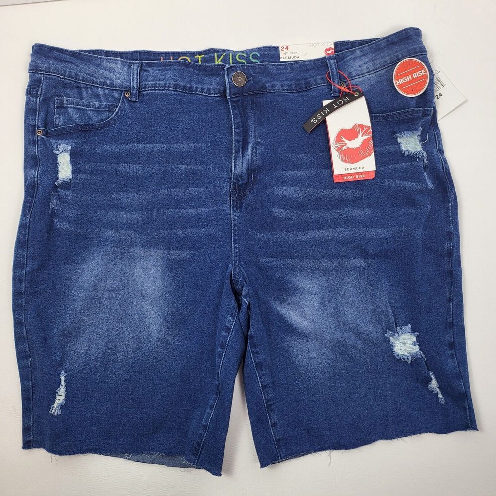 Hot Kiss Women Shorts Jeans Blue Denim High Rise Bermuda‎ Distressed size 24 New
